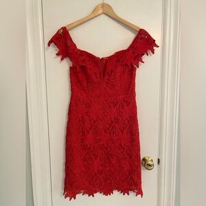Red lace off the shoulder dress